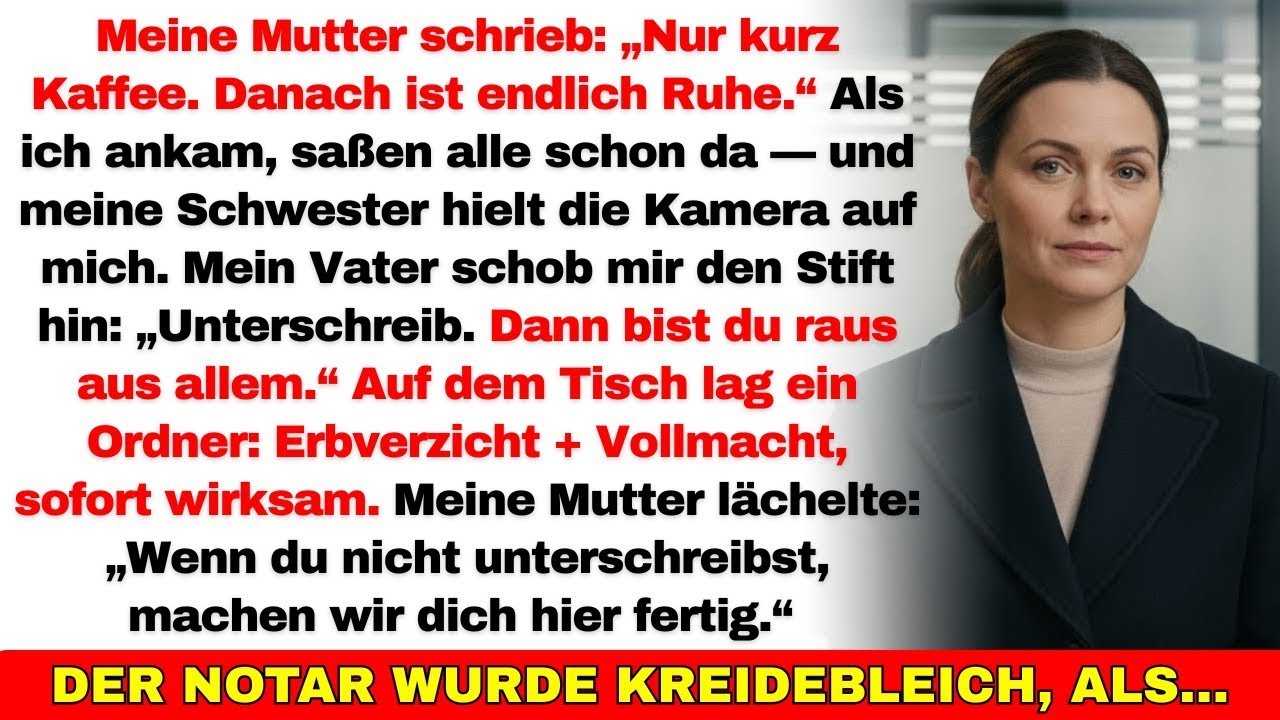 Meine Mutter sagte: „Nur kurz Kaffee“ — 15 Minuten später lag beim Notar mein Erbverzicht bereit…