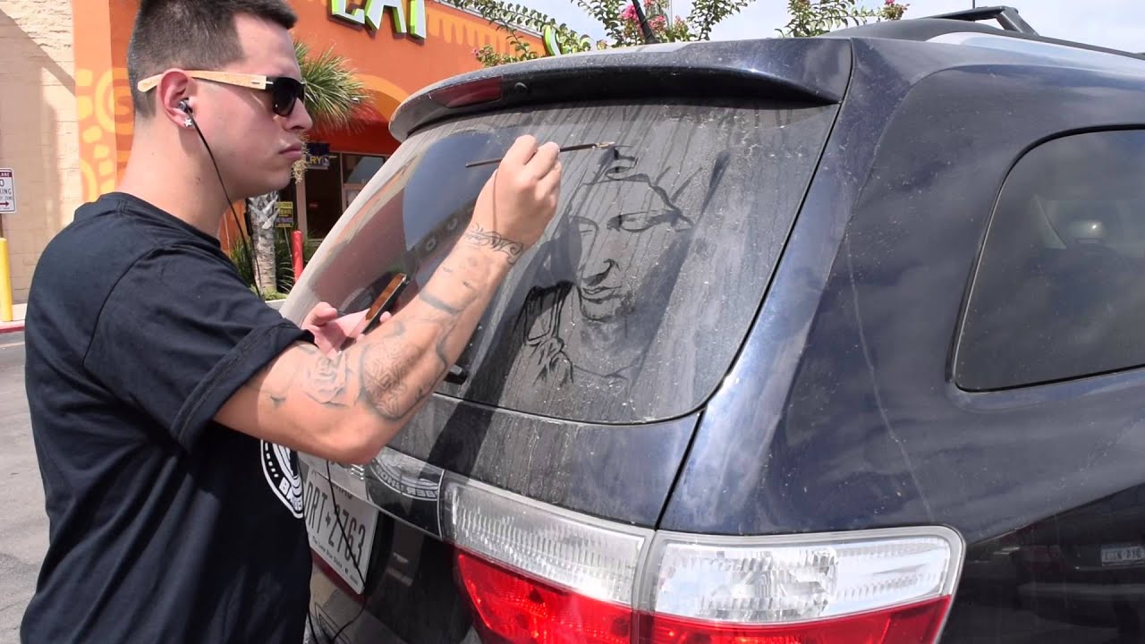 Dusty windshield art, Virginia de Guadalupe