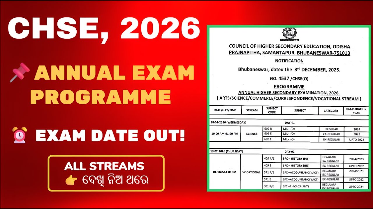 CHSE Annual Exam Programme 2026 | All Streams | Official Time Table PDF Download