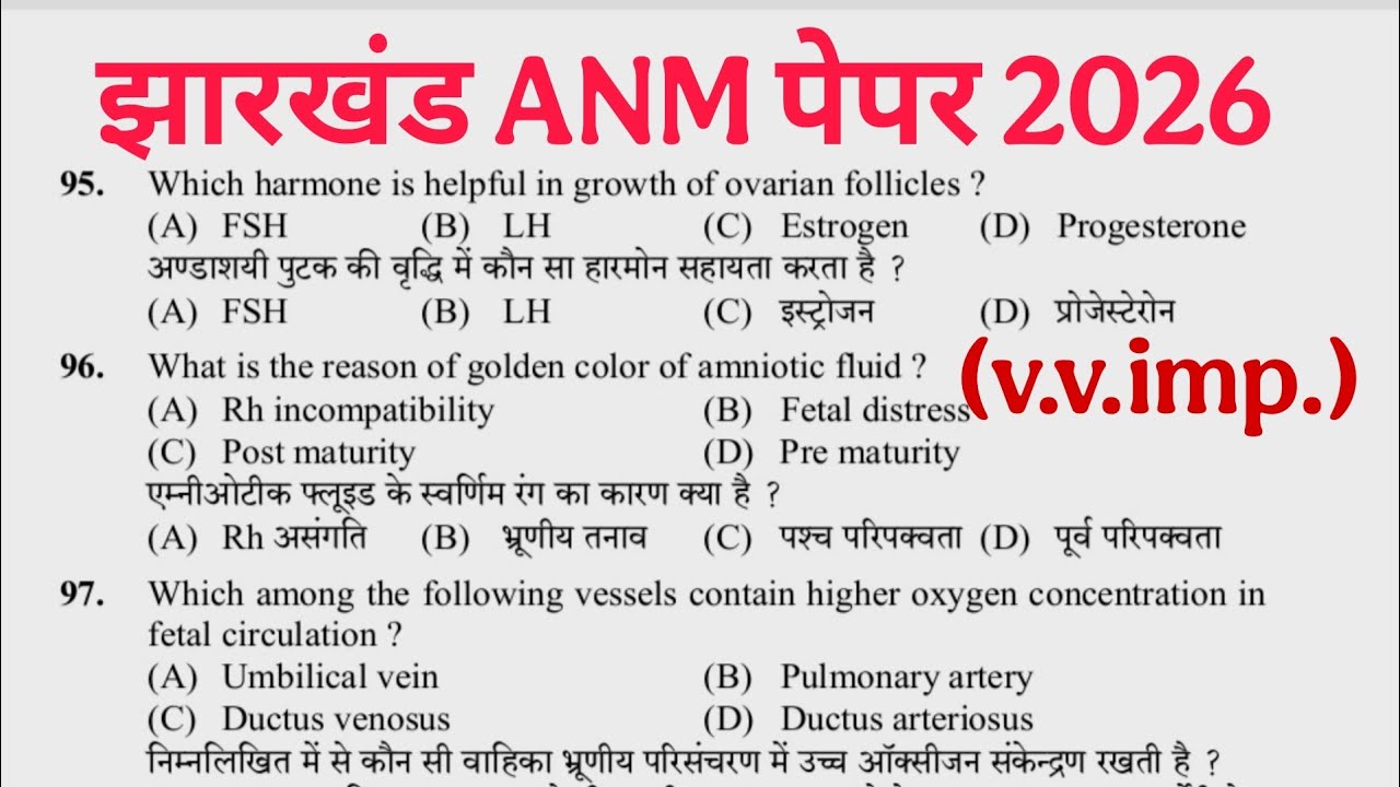 Jharkhand ANM Question Paper 2026 Most important previous year MCQ, ANM Question Paper 2026 in Hindi