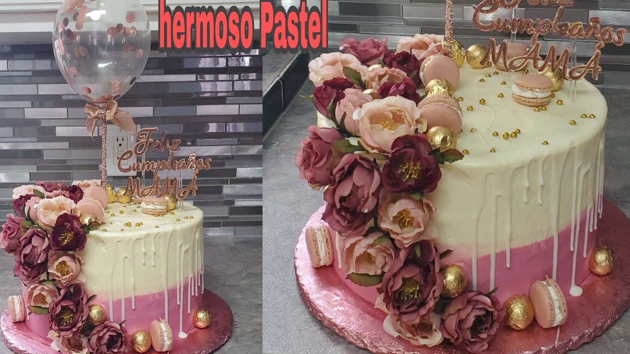 Pastel tonos rosados drip blanco Con Globo Y Flores artificiales para dama AzulCakes
