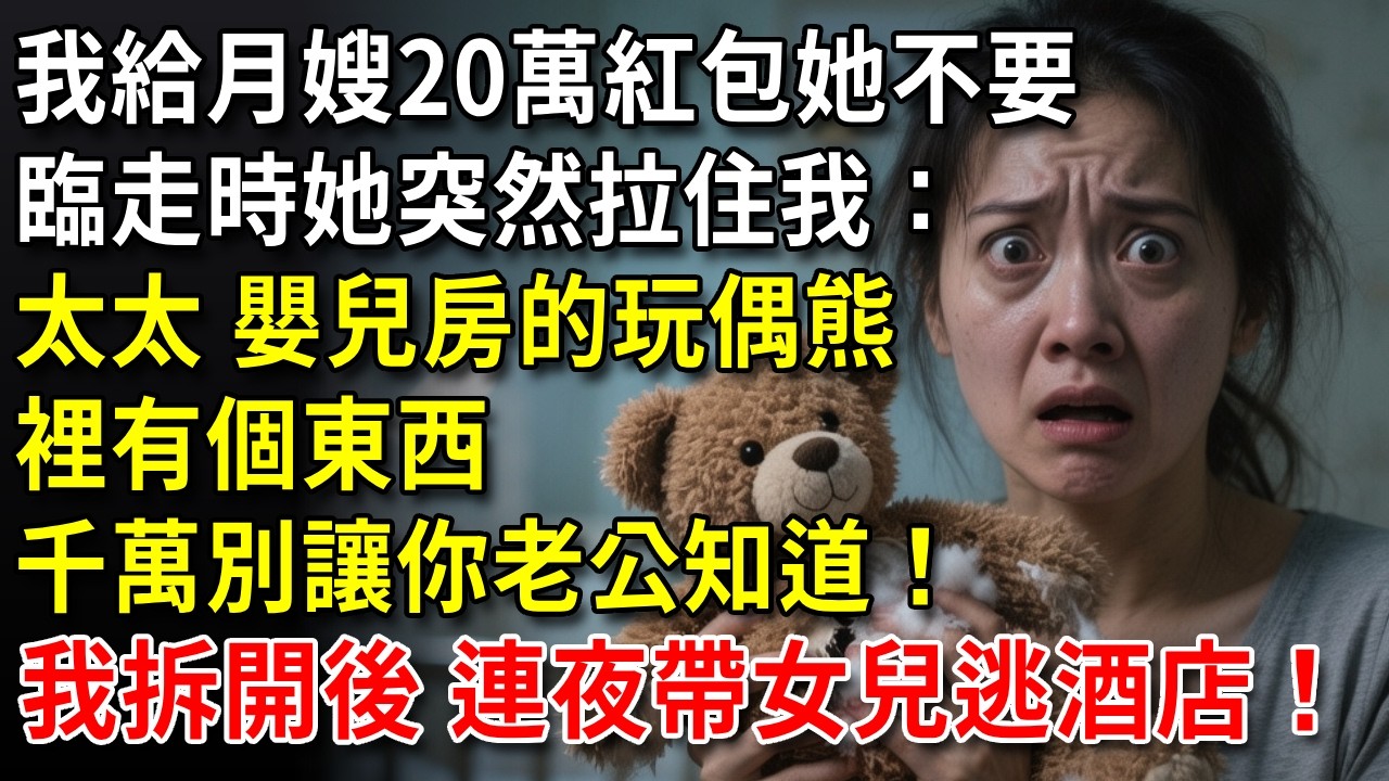 我給月嫂20萬紅包她不要，臨走時突然回頭：太太，嬰兒房的玩偶熊裡有個東西，千萬別讓你老公知道！我拆開熊看見一物嚇呆，連夜帶女兒去酒店！#中老年生活 #為人處世 #生活經驗 #情感故事 #幸福人生