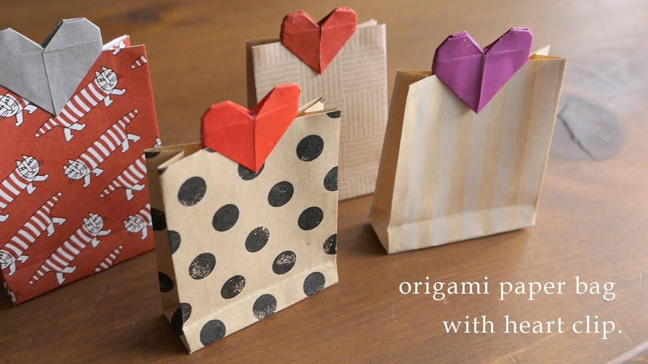 ハート付き紙袋の作り方ゆっくり動画♬折り紙【Origami paper bag Tutorial】