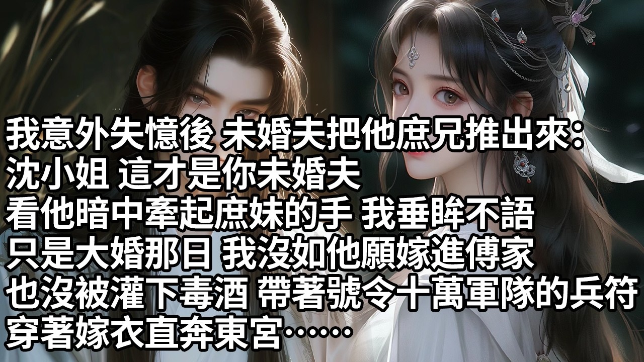 【一口氣看完】我意外失憶後 未婚夫把他庶兄推出來：沈小姐 這才是你未婚夫，看他暗中牽起庶妹的手 我垂眸不語，只是大婚那日 我沒如他願嫁進傅家，也沒被灌下毒酒 帶著號令十萬軍隊的兵符，穿著嫁衣直奔東宮…