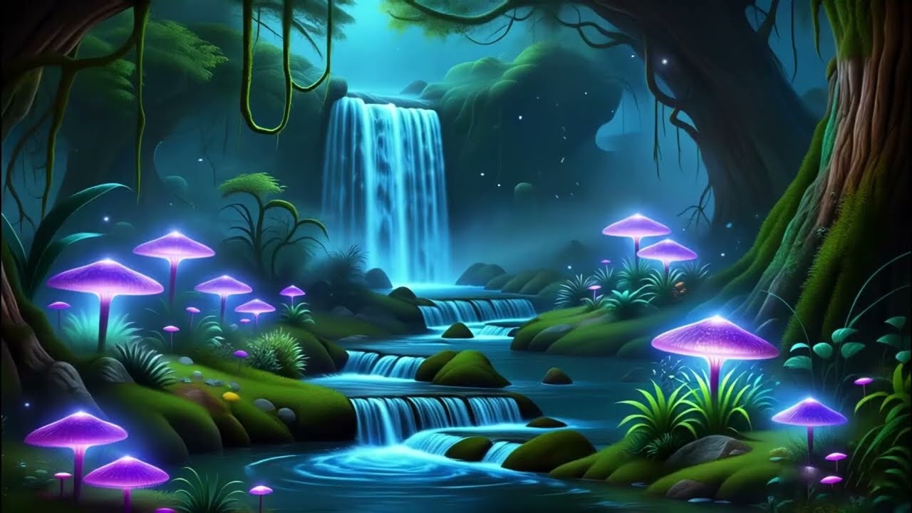 🍄 Magical Waterfall in a Fantasy Forest ✨ Relaxing Water Peaceful Ambient Music for Sleep, & Calm