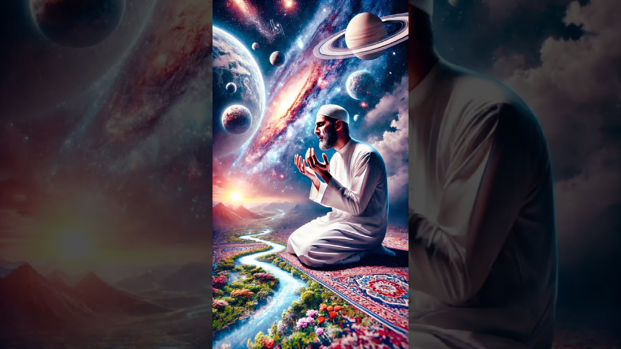 🌙 Larmes de foi : un homme priant devant l&rsquo;univers et le paradis ✨&lrm;&lrm;#Foi #Islam #Spiritualit&eacute;&lrm;&lrm;🖼️