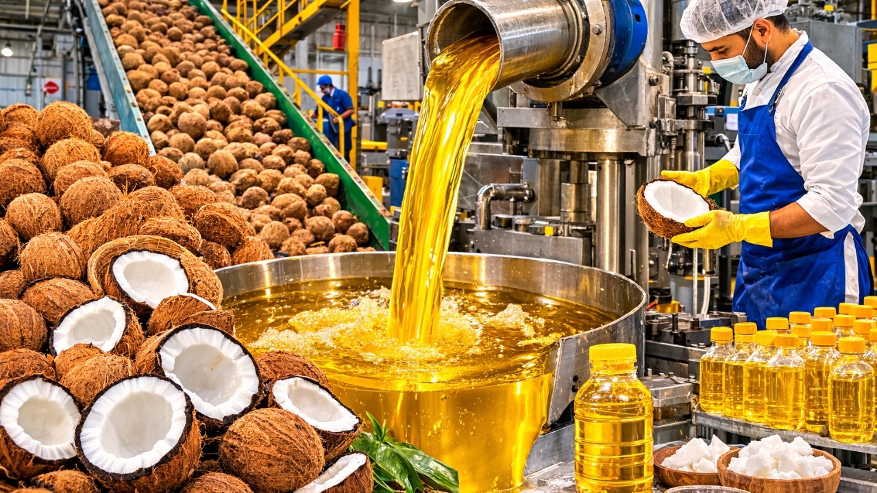 🥥 Inside a Mega Coconut Oil Factory – How Thousands of Liters Are Made Daily 😳