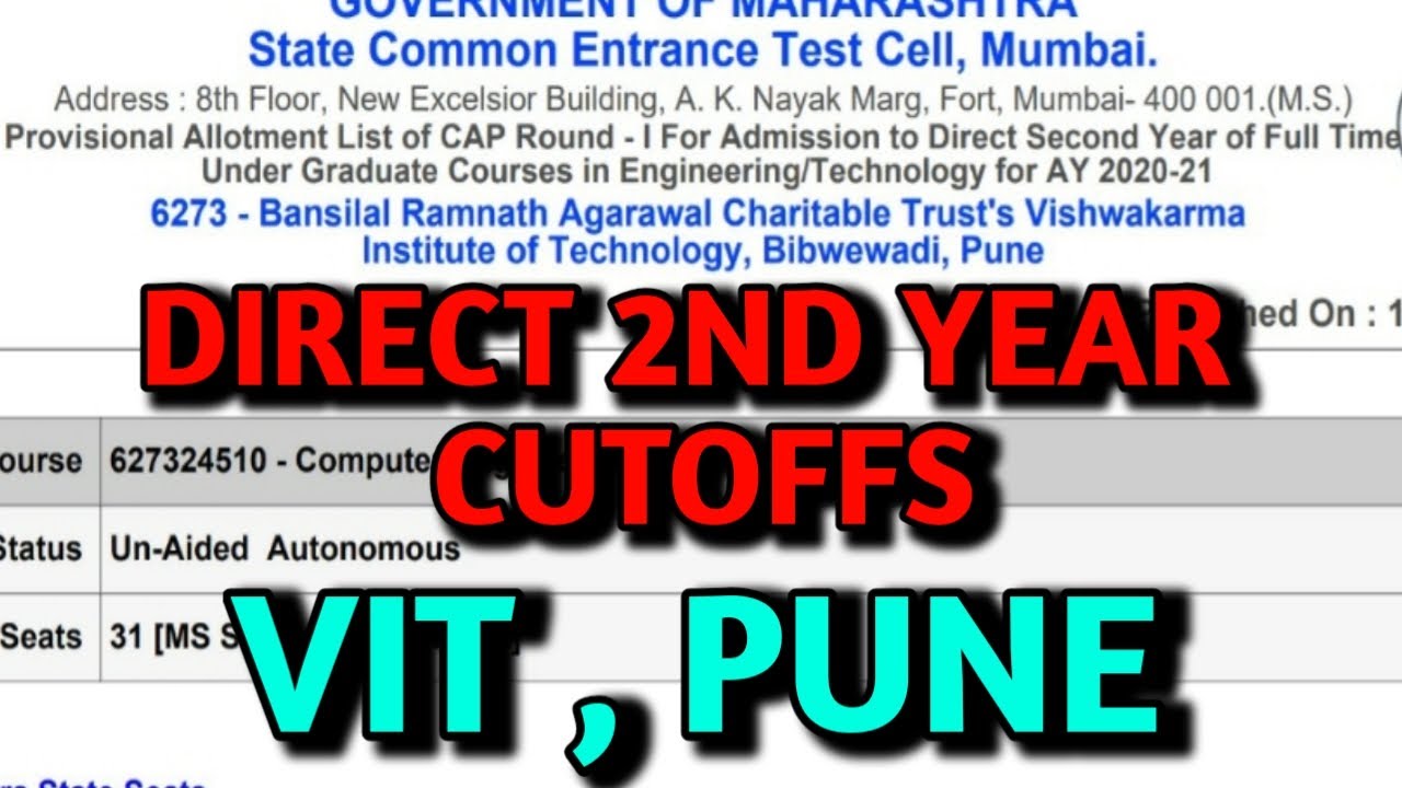Direct 2nd Year Cutoffs of VIT Pune | Vishwakarma Institute of Technology Pune DSE Cutoffs 2021