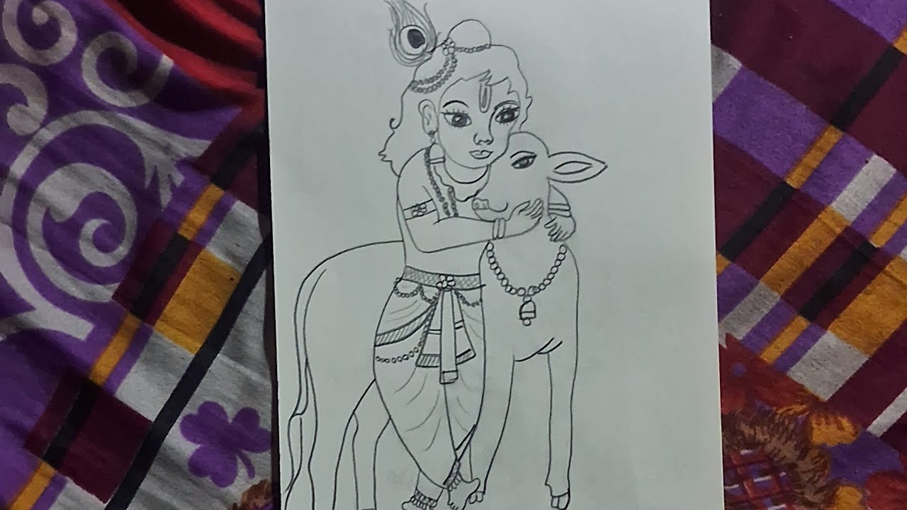 Bal Krishna Huggies Cows 😱😱 Shree krishna Pencil Drawing #viral #tranding #popular #viral #shorts 