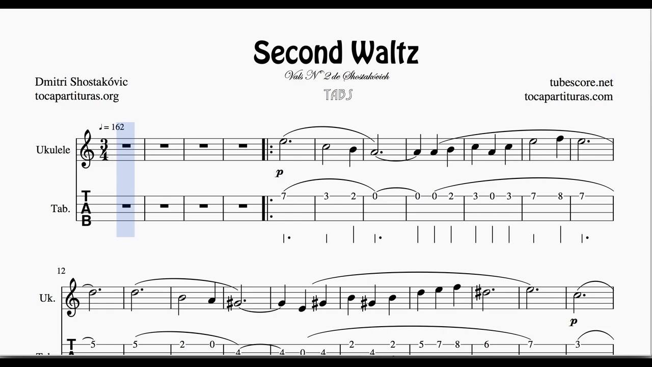 Waltz Nº 2 de Shostakovich Tablatura Partitura de Ukelele Punteo Tabs
