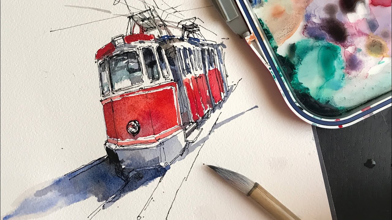 Sketching the Red Tram with ink and watercolor