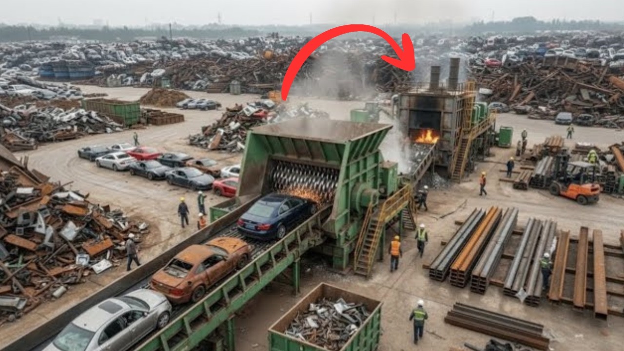 Jak se miliony starých aut recyklují na novou ocel | Obrovská linka na recyklaci automobilů 🚗