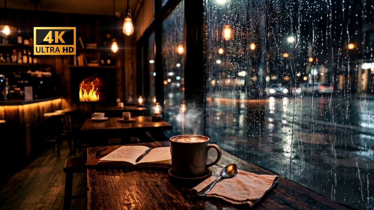 Rainy Night Coffee Shop Ambience | Music, Crackling Fireplace (1 Hour)