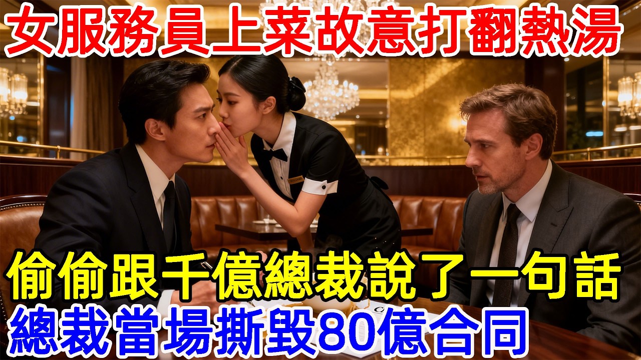 女服务员上菜时故意打翻热汤，偷偷跟千亿总裁说了一句话，下一秒总裁当场撕毁80亿合同#故事頻道 #故事分享 #情感#臺灣#情感故事#幸福人生