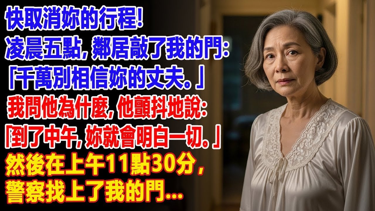 【真實故事】凌晨五點，鄰居警告我：「取消妳的旅行，也別相信妳的丈夫！」…這句話救了我的命。💔   父母子女冲突   真實故事   故事分享   情感故事   晚年哲理   說故事