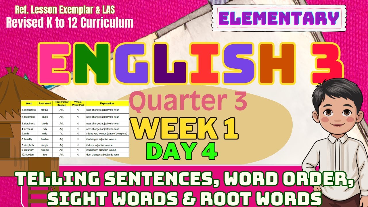 Grade 3 English Q3 W1 D4 | Telling Sentences, Word Order, Sight Words & Root Words | MATATAG