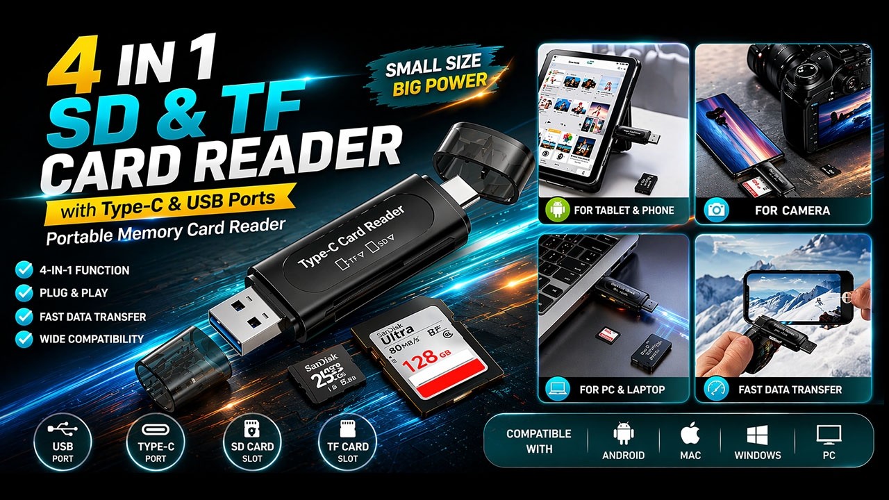 4-in-1 SD & TF Card Reader | USB & Type-C for Android, MAC & PC Card | Memory Card Reader