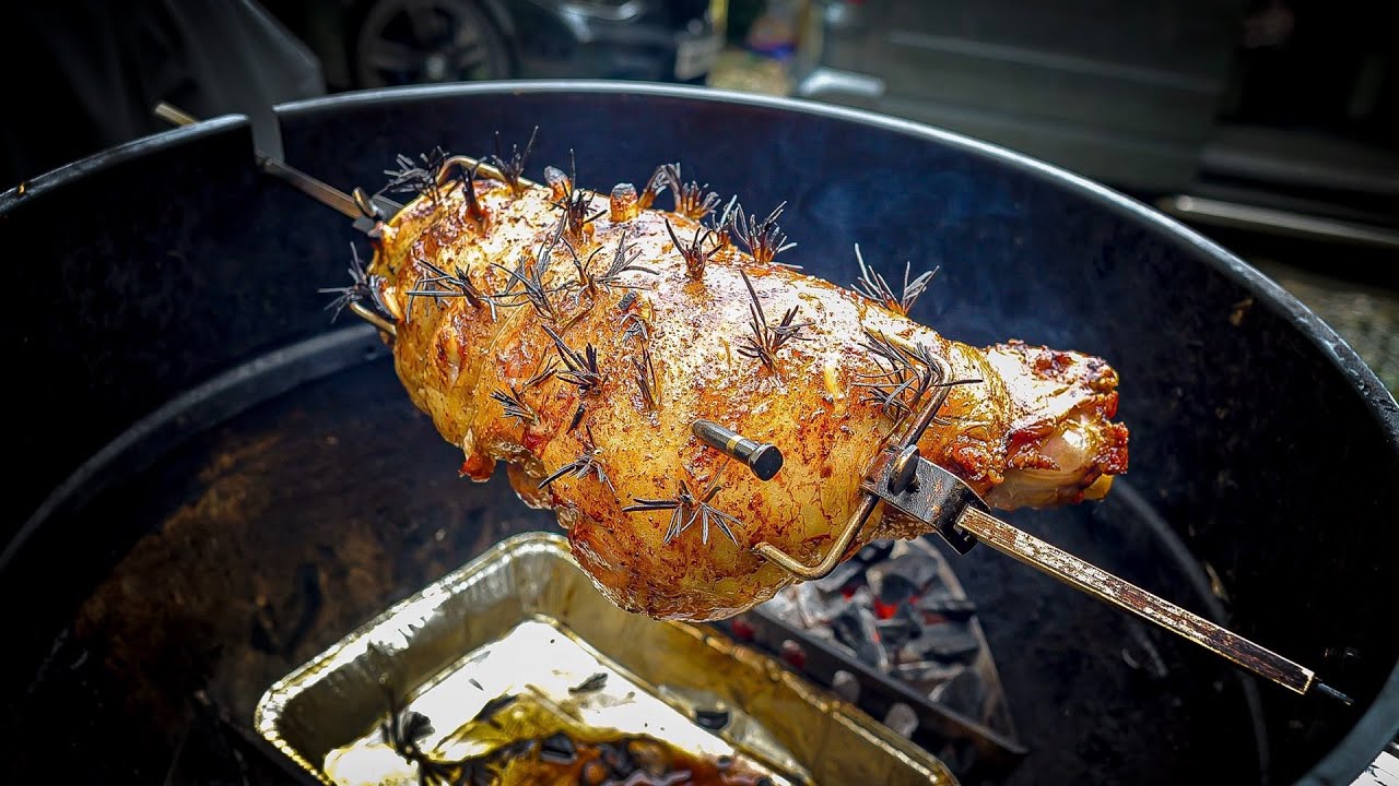 Rotisserie Leg of Welsh Lamb on Weber kettle BBQ