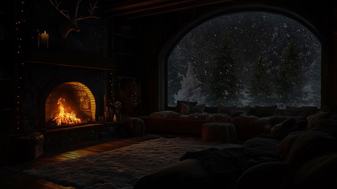 Snowy Forest Retreat Fireplace Sounds for Calm Winter Nights and Relaxing Study Time