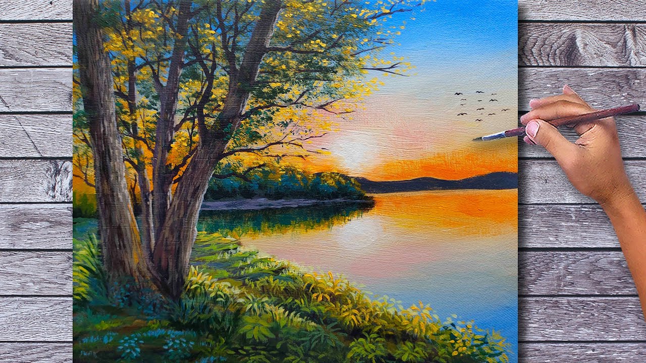 Acrylic Sunrise Painting Time-lapse / Landscape with Calm Lake / Fine Art