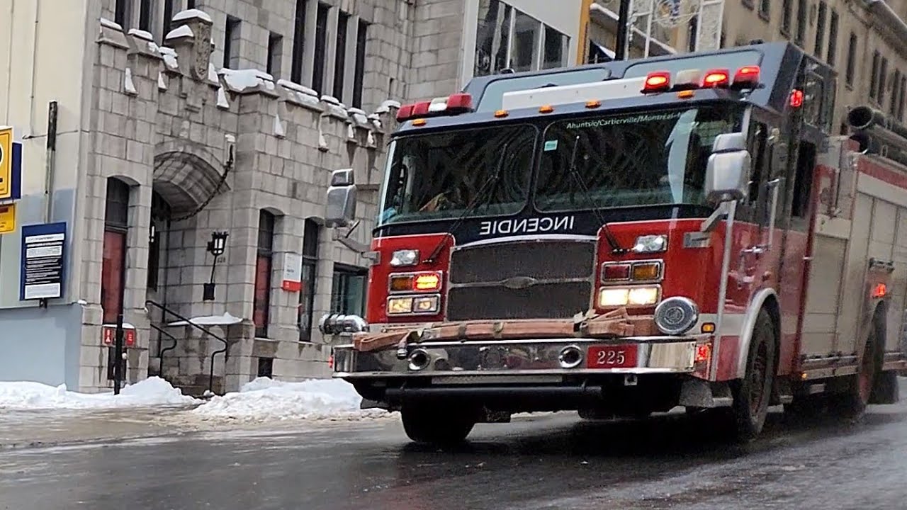 Montreal Fire Department pumper truck 225 responding in the downtown core of Montreal + air horn