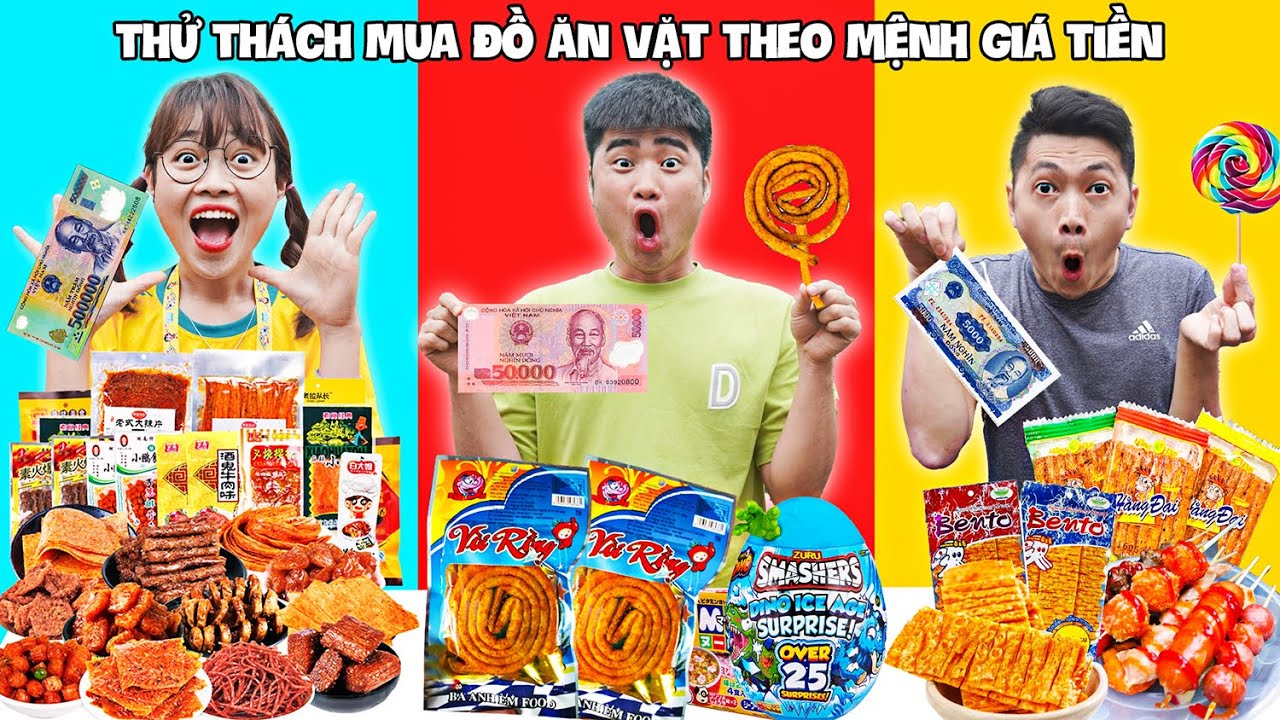 Gấu Đỏ TV - Thử Thách Ăn Đồ Ăn Vặt theo Mệnh Giá Tiền - Đồ Ăn Vặt Cổng Trường Ngon Không ?