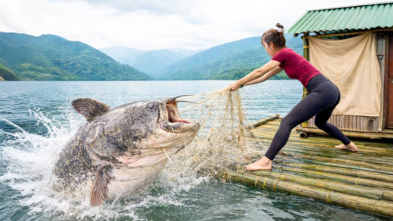 Hand-catching 500+ giant carp & wild catfish from river with fishing net & bamboo raft for my family
