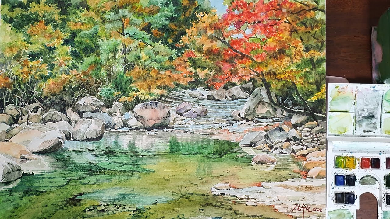 수채화 예술: 설악산 가을 풍경 그림 그리기