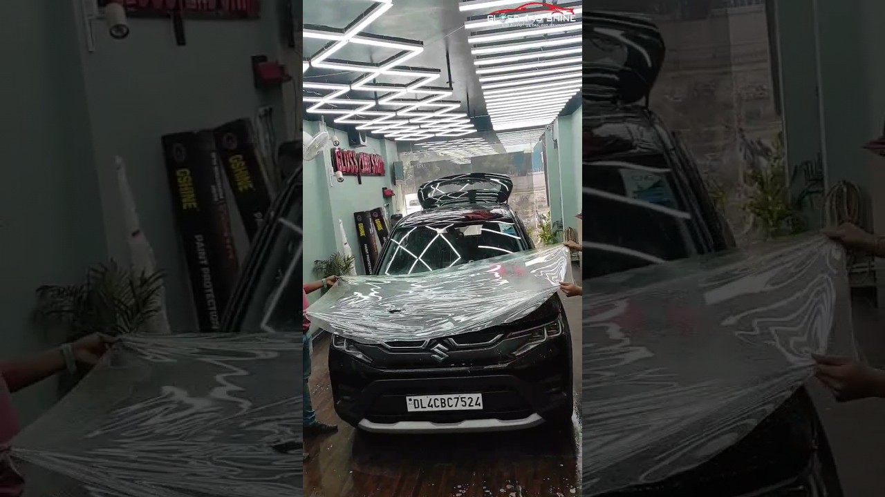 ppf installation on Black Brezza in Gloss and Shine Rohini detailing studio