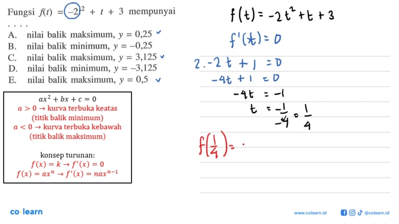 Fungsi  f(t)=-2t^2+t+3  mempunyai ....A. nilai balik maksimum, y=0,25 B. nilai balik minimum, y=-...
