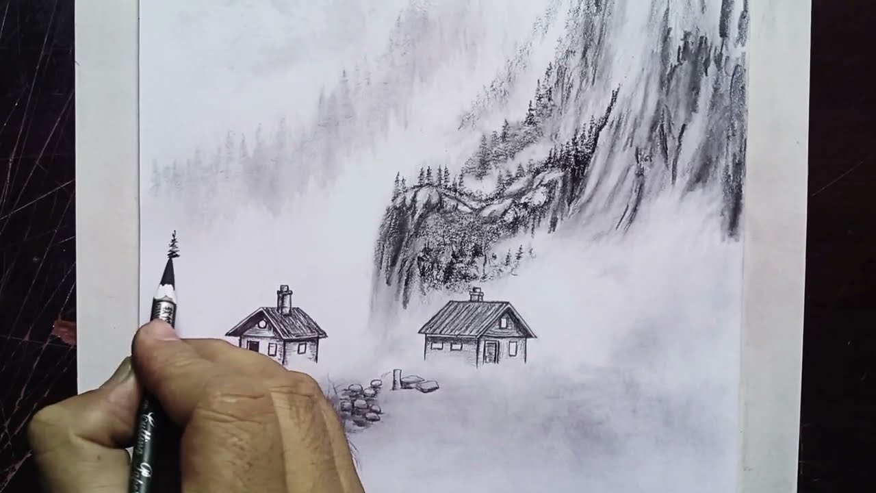 Misty Drawing Forest and Mountain Scenery with a Cozy Cabin | Step-by-Step Pencil Drawing