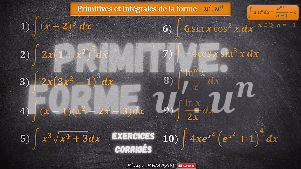 10 Primitives de la forme  u'u^n - Intégtales indéfinies, Exercices corrigés, Première et Terminale