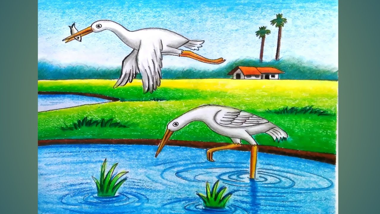 How to draw a bird scenery/Crane birds scenery step by step/Crane birds drawing