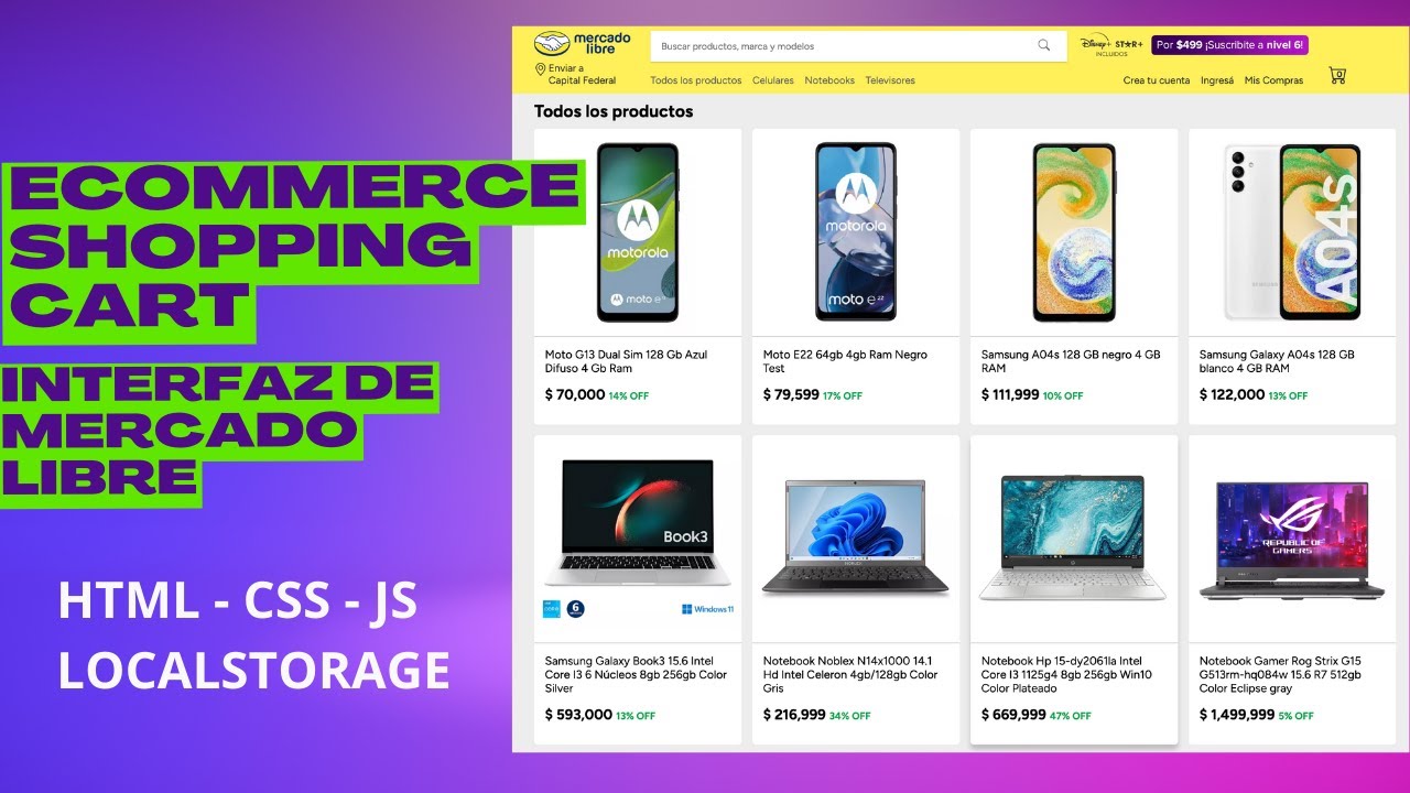 Ecommerce - Carrito de Compras (Shopping Cart) Diseño de Mercado Libre - Con LocalStorage.