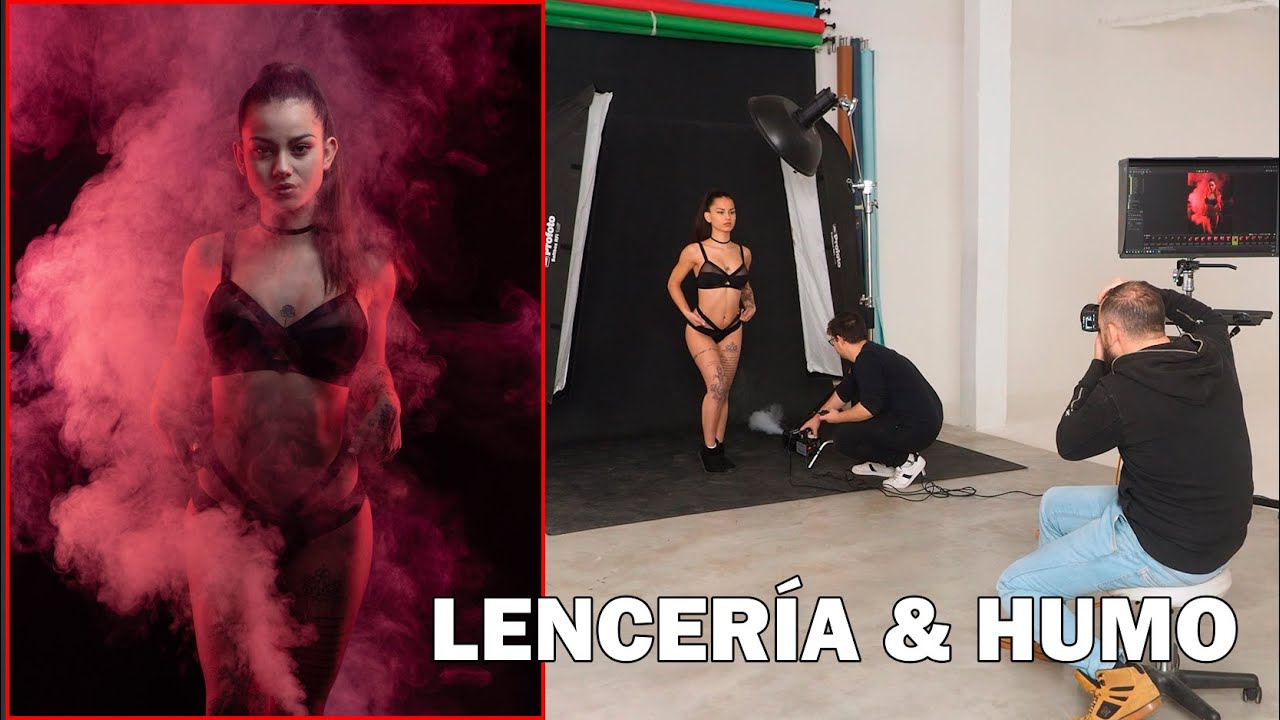 Sesión de fotos de lencería con humo y geles de colores