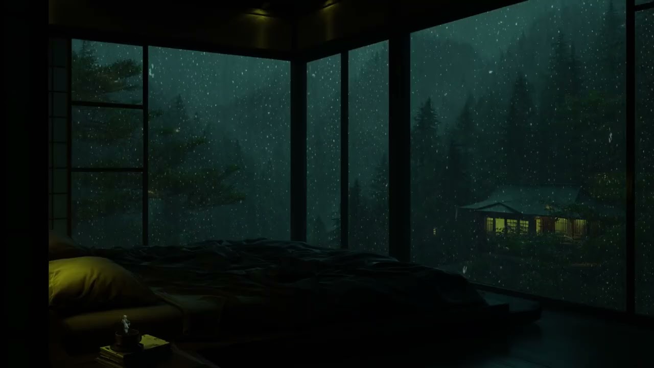 Quiet Mountain Cabin Rain 🌧 (No Ads) | Dark Bedroom Rain Sounds for Deep Sleep & Relaxation