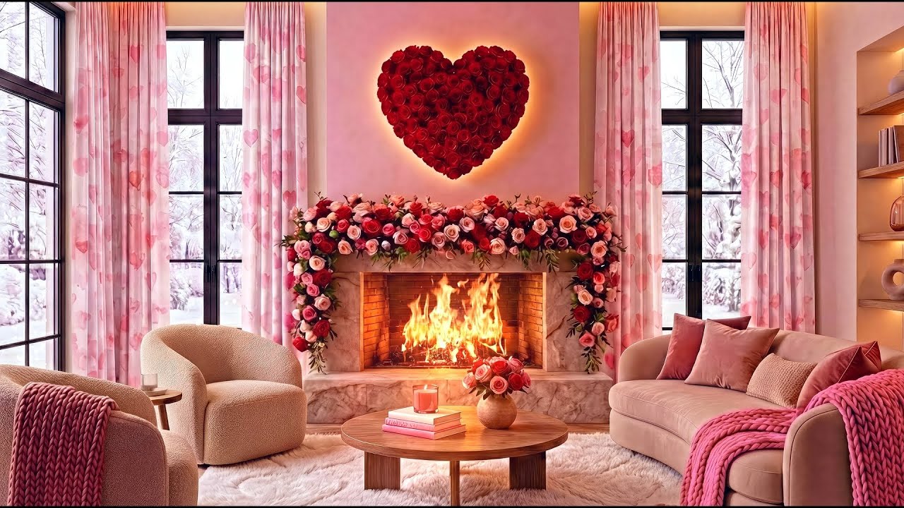 Pink Valentine’s Evening 💗 Cozy Fireplace Ambience with Soft Jazz & Piano