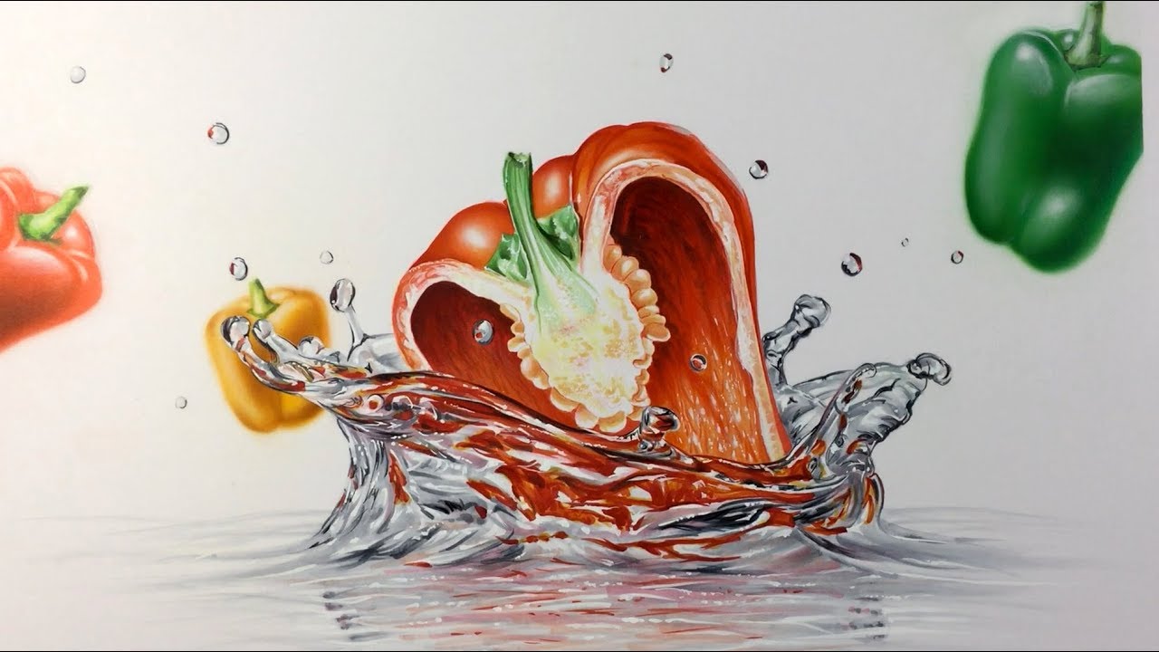 Splash di Peperone che casca nell’acqua - Disegno a mano speed drawing | Leonello Calvetti