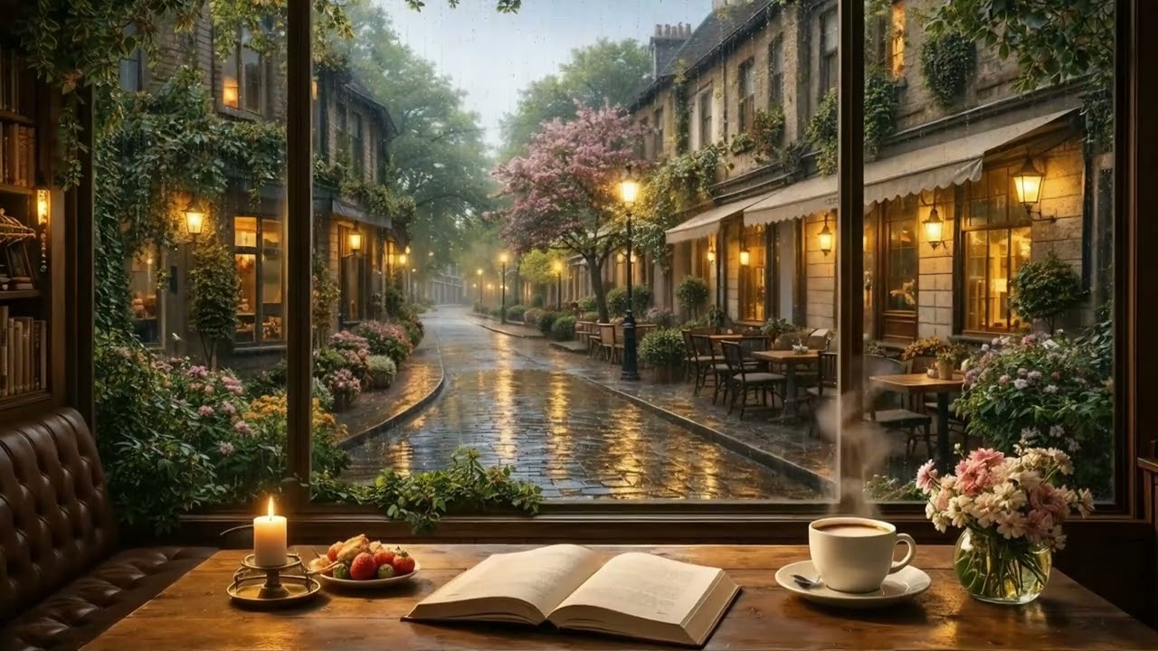 Cozy Spring Coffee Shop Ambience🌸  Rainy Café Vibes for Relaxing, Studying & Focus