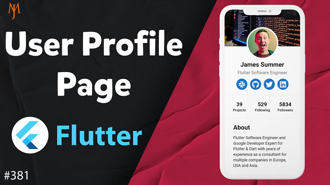 Flutter Tutorial - User Profile Page UI With Profile Picture | CircleAvatar, Stack, Positioned