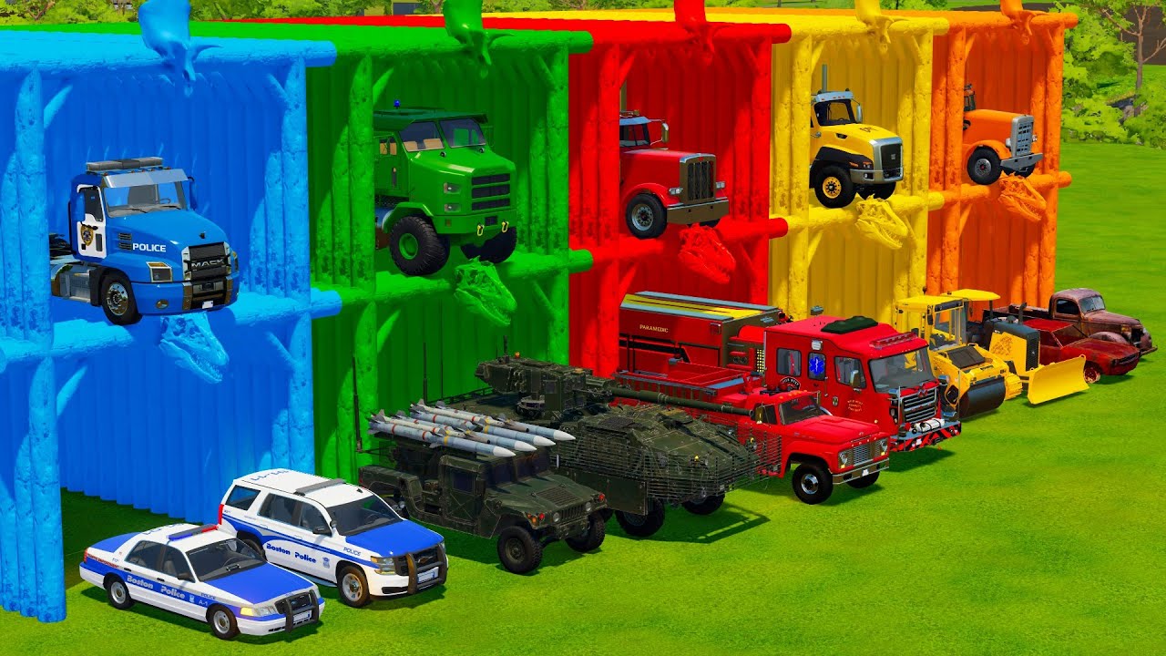 TRANSPORTING POLICE CARS, MILITARY VEHICLES & FIRE ENGINES WITH BIG TRUCKS! Farming Simulator 22