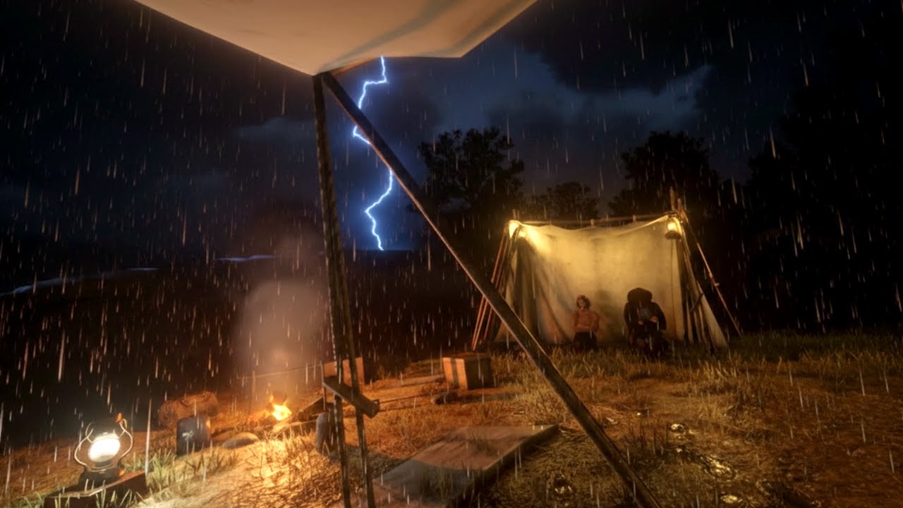 Camping in Heavy Rain Night Time Thunderstorm with Eliza | RDR2 Rain & Thunder Sounds