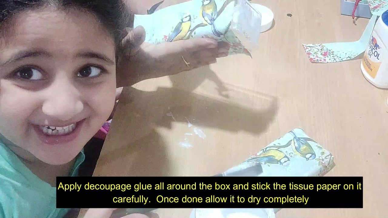 Little one tries Decoupage! | Plastic box decoupage| Reuse ideas