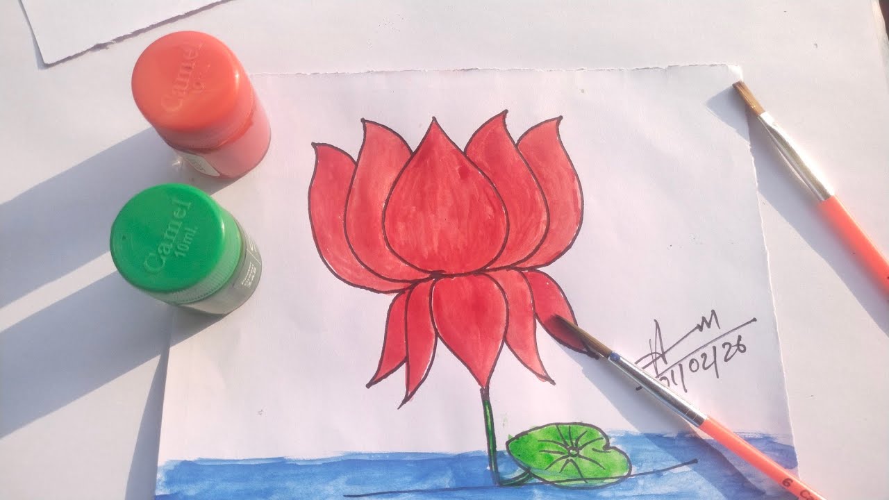 Beautiful Red Lotus Flower Drawing | Easy Painting for Beginners