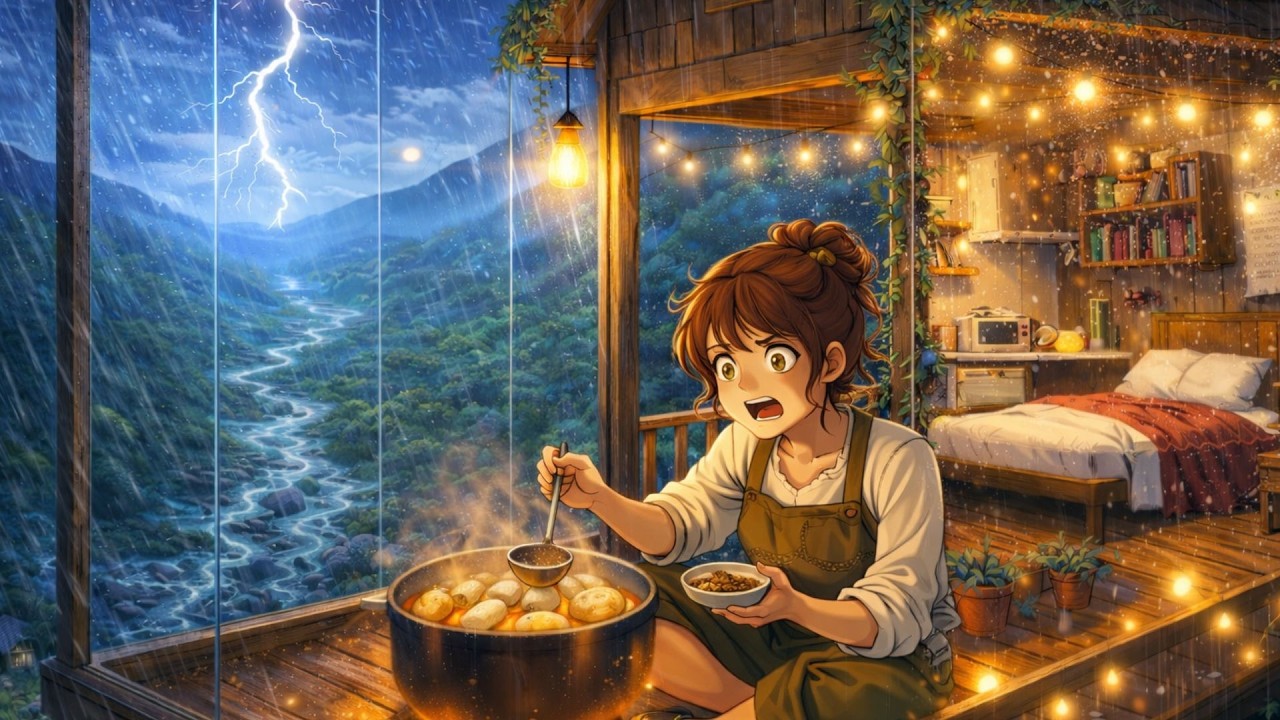 Stormy weather outside, a warm stew inside | A tranquil Ghibli-style treehouse & Ghibli Alone