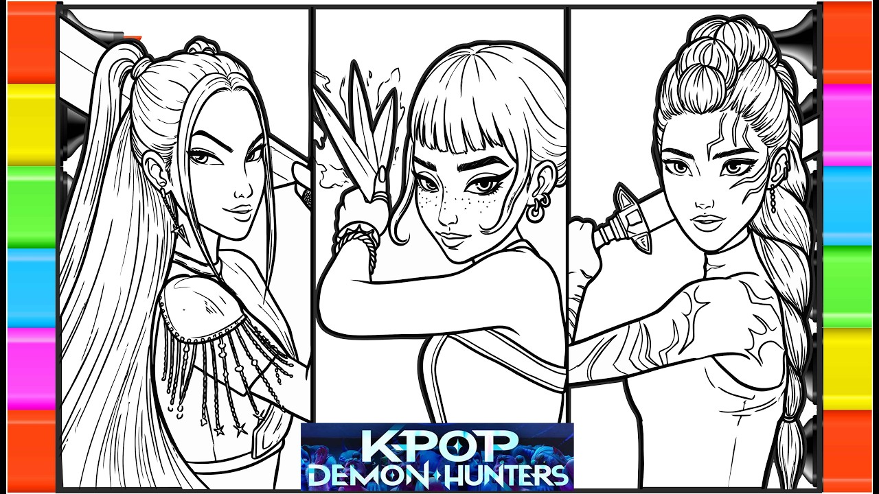 Kpop demon hunters coloring book / How to draw Rumi, Mira / kpop music demon hunters songs