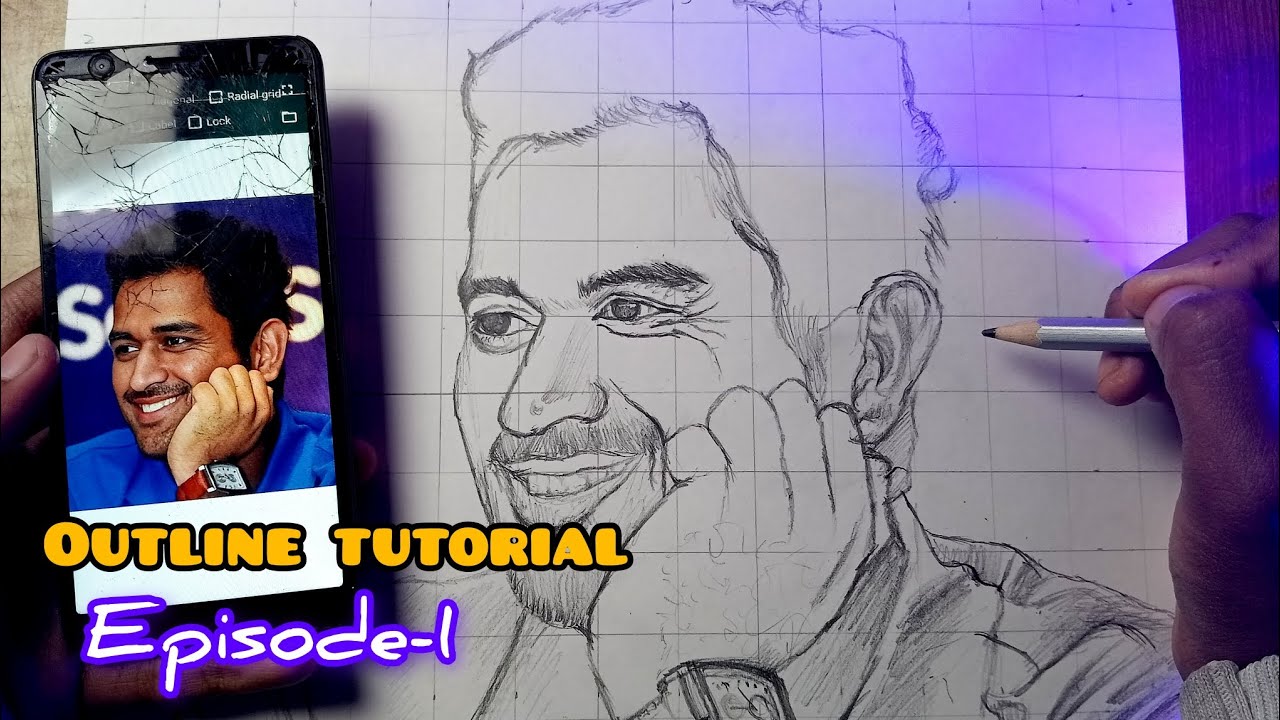 How To Draw outline MS Dhoni face | Easy grid method | sketch drawing for beginners | step by step