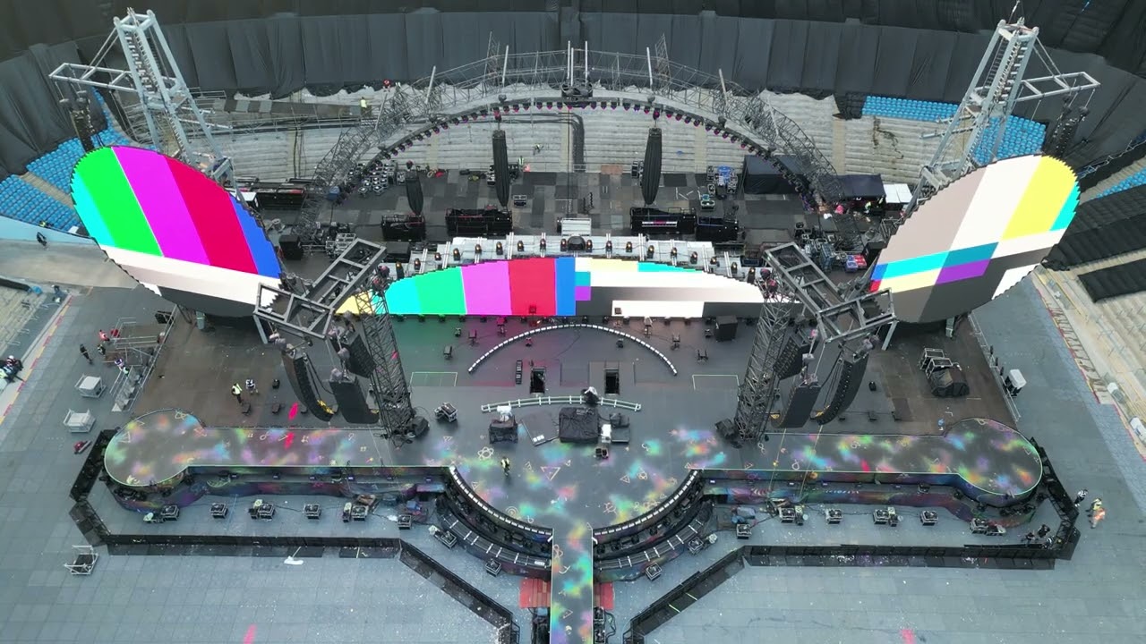 Coldplay Setting up their stage at the Etihad Stadium in Manchester