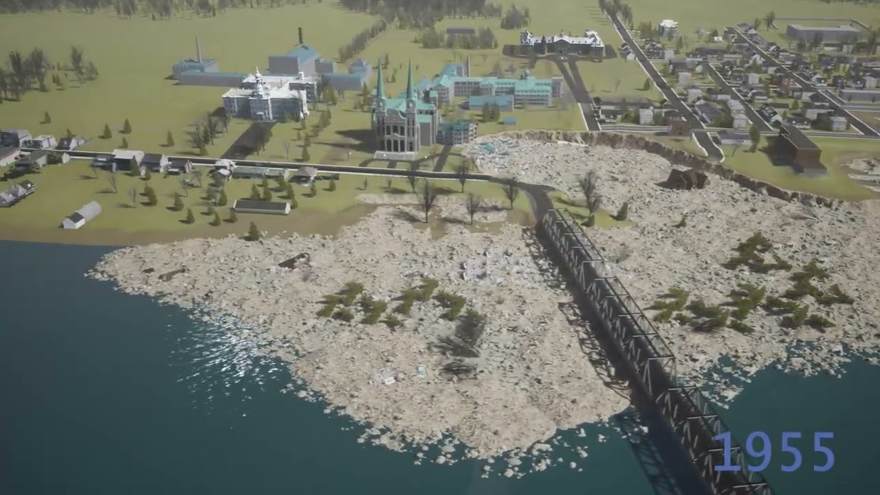 L'affaissement de terrain de Nicolet - simulation 3D  du centre-ville  en 1954-55 et 2022