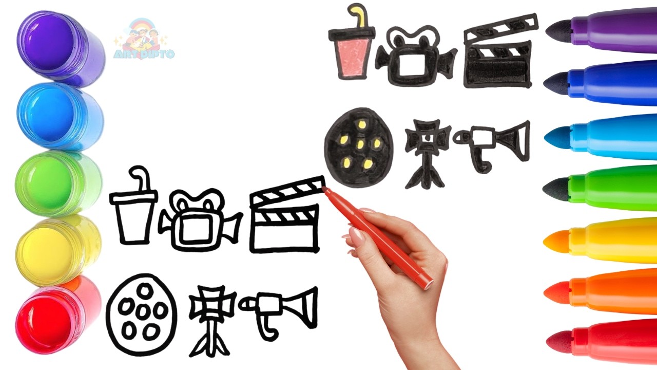 How To Draw cute Cinema Icons Pack Drawing, Painting & Coloring For Kids and Toddlers_ Child Art 🐋🌈🎨